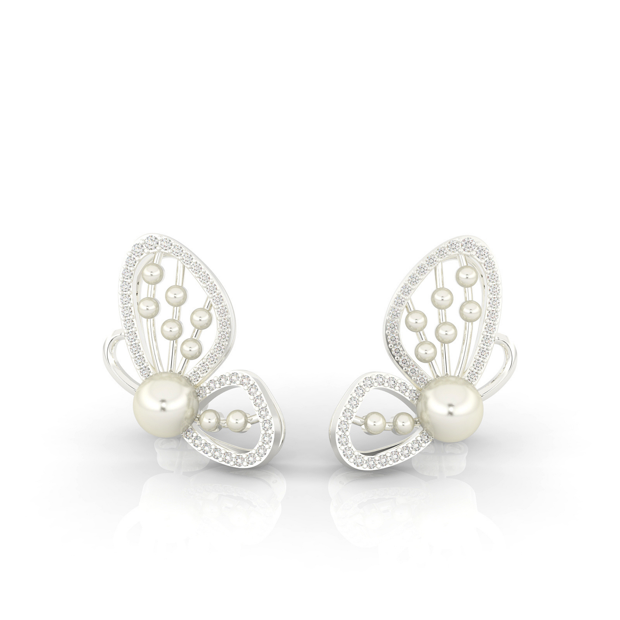 Butterfly Pearl Modern Stud Earrings For Wedding, Hallmarked 925 Sterling Silver